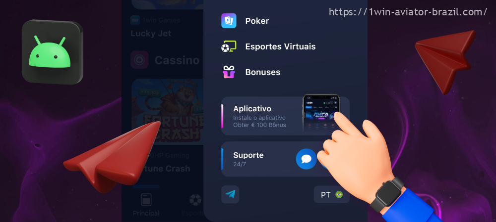Para fazer o download do aplicativo 1win Aviator, os jogadores do Brasil precisam abrir a interface no lado esquerdo e rolar para baixo para ver os ícones do arquivo de instalação