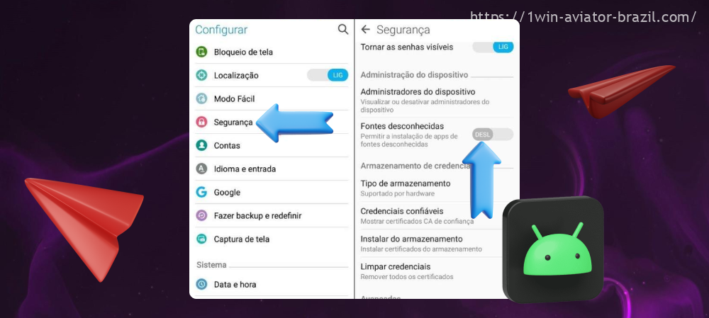 Para instalar o aplicativo 1win Aviator, os jogadores do Brasil precisam acessar as configurações do dispositivo e clicar na opção "Permitir a instalação de aplicativos de fontes desconhecidas"