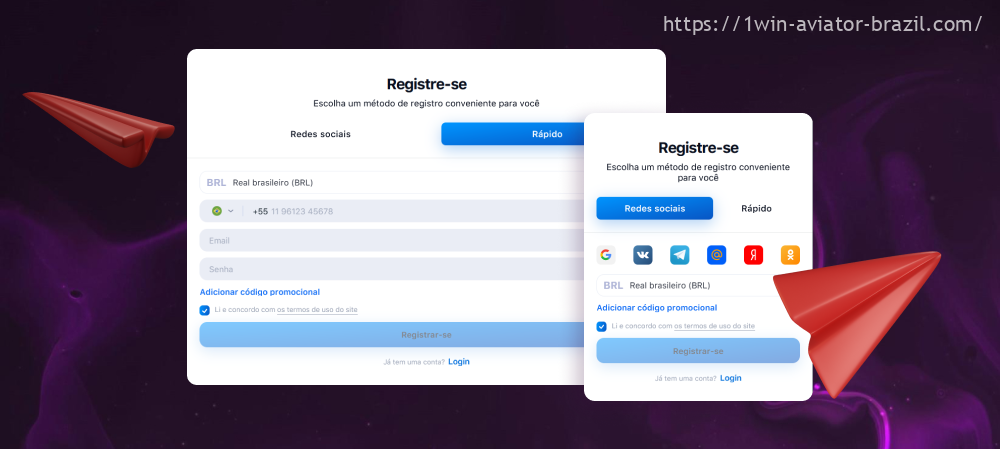 Os usuários do Brasil podem escolher como se registrar no 1win Aviator: registro social ou rápido